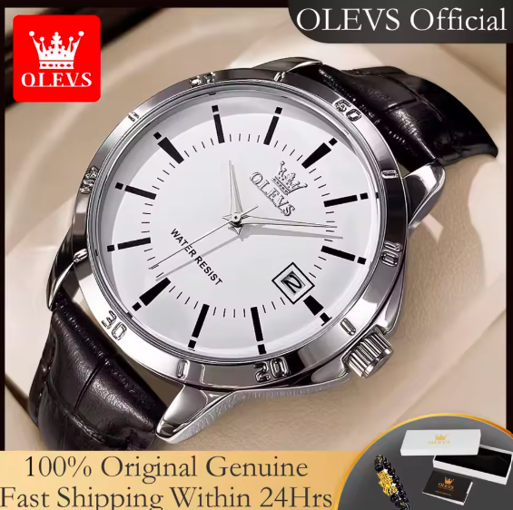 OLEVS Men's Waterproof Quartz Watch – Luxury Leather Strap Dress Watch with Calendar | Fashion Casual Business Wristwatch for Men