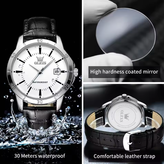 OLEVS Men's Waterproof Quartz Watch – Luxury Leather Strap Dress Watch with Calendar | Fashion Casual Business Wristwatch for Men