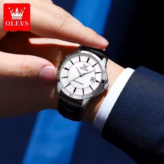 OLEVS Men's Waterproof Quartz Watch – Luxury Leather Strap Dress Watch with Calendar | Fashion Casual Business Wristwatch for Men