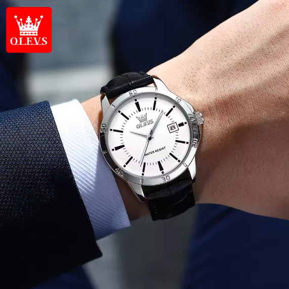OLEVS Men's Waterproof Quartz Watch – Luxury Leather Strap Dress Watch with Calendar | Fashion Casual Business Wristwatch for Men
