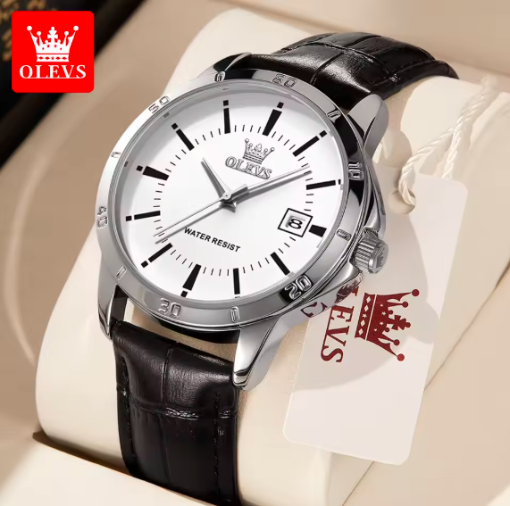 OLEVS Men's Waterproof Quartz Watch – Luxury Leather Strap Dress Watch with Calendar | Fashion Casual Business Wristwatch for Men