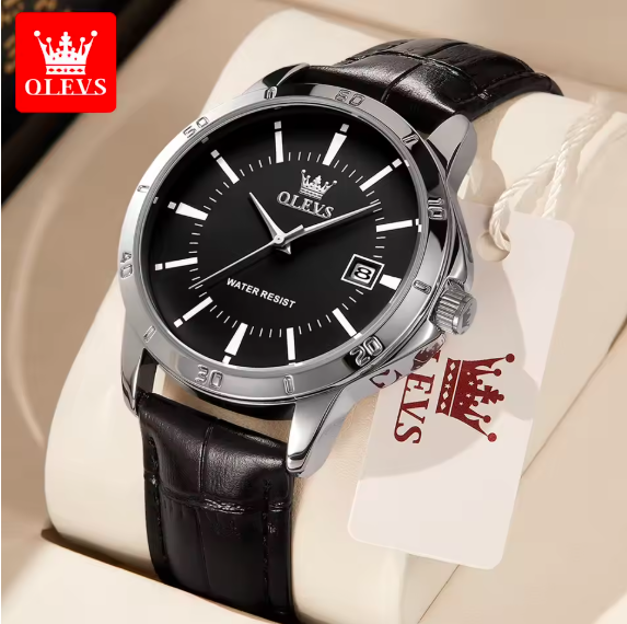 OLEVS Men's Waterproof Quartz Watch – Luxury Leather Strap Dress Watch with Calendar | Fashion Casual Business Wristwatch for Men