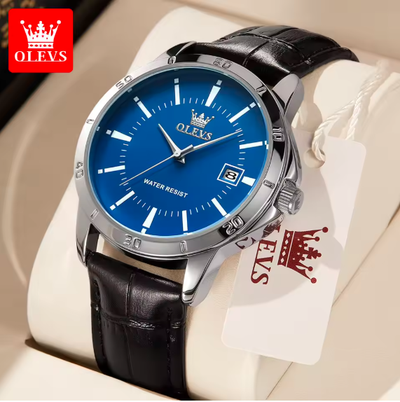 OLEVS Men's Waterproof Quartz Watch – Luxury Leather Strap Dress Watch with Calendar | Fashion Casual Business Wristwatch for Men