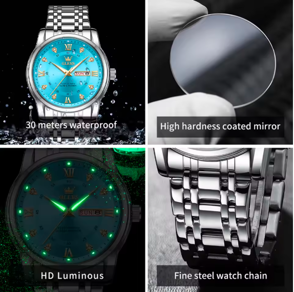 Luxury OLEVS 5513 Men's Quartz Watch – Waterproof, Dual Calendar, Stainless Steel, Diamond Roman Dial