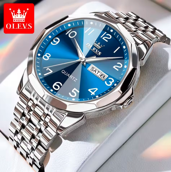 OLEVS Luxury Men's Quartz Watch – Waterproof Silver Stainless Steel, Date & Week Display, Classic Casual Design, Perfect Gift