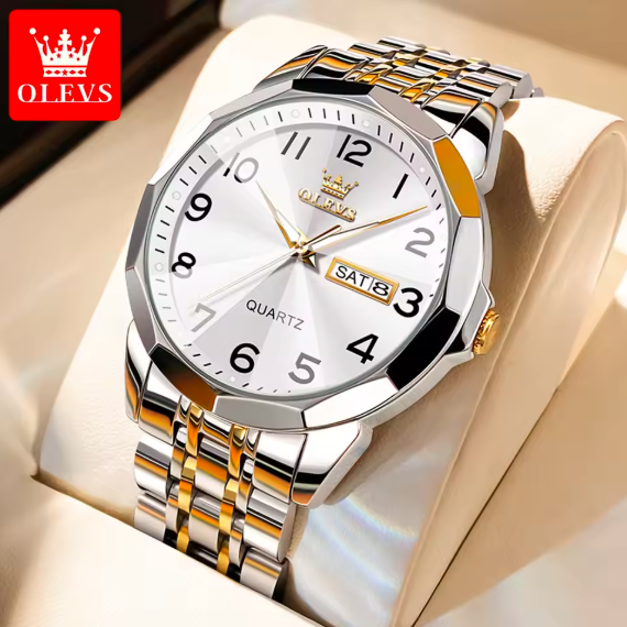 OLEVS Luxury Men's Quartz Watch – Waterproof Silver Stainless Steel, Date & Week Display, Classic Casual Design, Perfect Gift