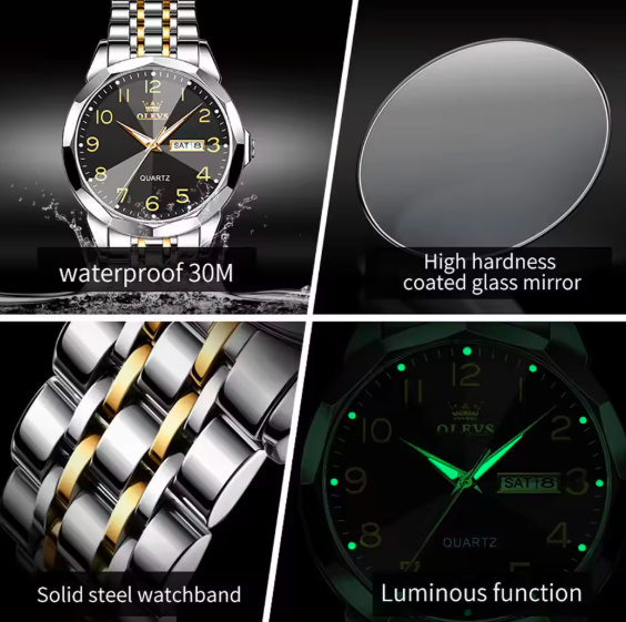 OLEVS Luxury Men's Quartz Watch – Waterproof Silver Stainless Steel, Date & Week Display, Classic Casual Design, Perfect Gift