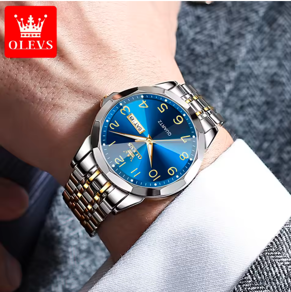 OLEVS Luxury Men's Quartz Watch – Waterproof Silver Stainless Steel, Date & Week Display, Classic Casual Design, Perfect Gift