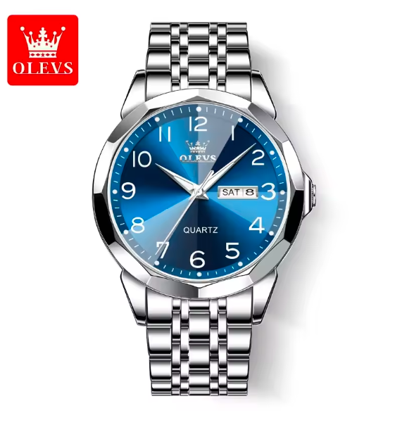 OLEVS Luxury Men's Quartz Watch – Waterproof Silver Stainless Steel, Date & Week Display, Classic Casual Design, Perfect Gift