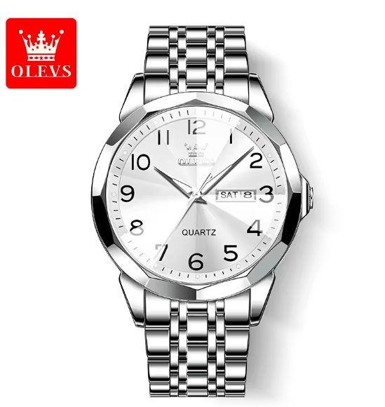 OLEVS Luxury Men's Quartz Watch – Waterproof Silver Stainless Steel, Date & Week Display, Classic Casual Design, Perfect Gift