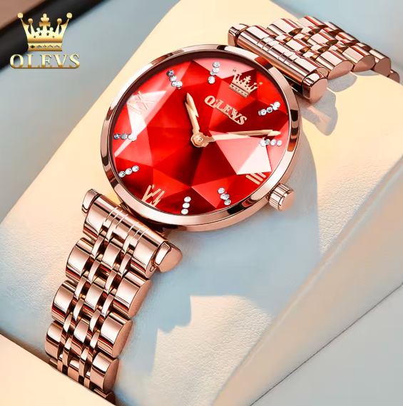 OLEVS 6642 Luxury Women’s Quartz Watch – Rose Gold Steel Strap, Waterproof, Rhombus Glass Design