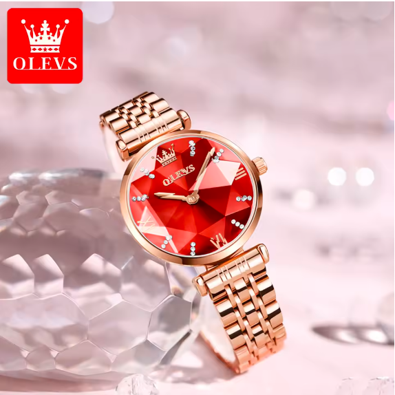OLEVS 6642 Luxury Women’s Quartz Watch – Rose Gold Steel Strap, Waterproof, Rhombus Glass Design