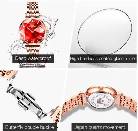 OLEVS 6642 Luxury Women’s Quartz Watch – Rose Gold Steel Strap, Waterproof, Rhombus Glass Design