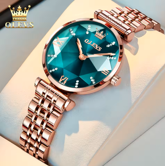 OLEVS 6642 Luxury Women’s Quartz Watch – Rose Gold Steel Strap, Waterproof, Rhombus Glass Design