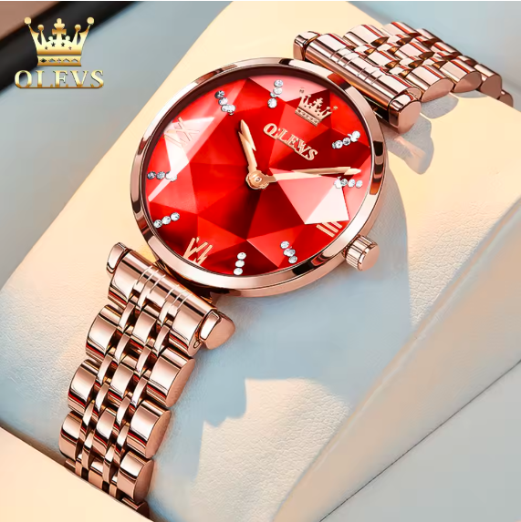 OLEVS 6642 Luxury Women’s Quartz Watch – Rose Gold Steel Strap, Waterproof, Rhombus Glass Design