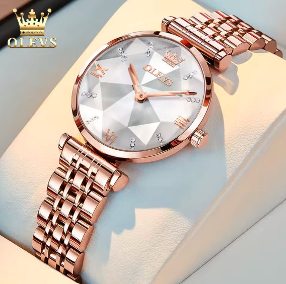 OLEVS 6642 Luxury Women’s Quartz Watch – Rose Gold Steel Strap, Waterproof, Rhombus Glass Design