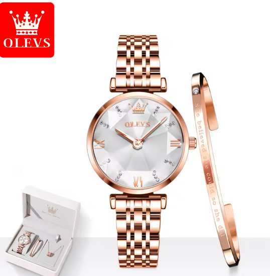 OLEVS 6642 Luxury Women’s Quartz Watch – Rose Gold Steel Strap, Waterproof, Rhombus Glass Design