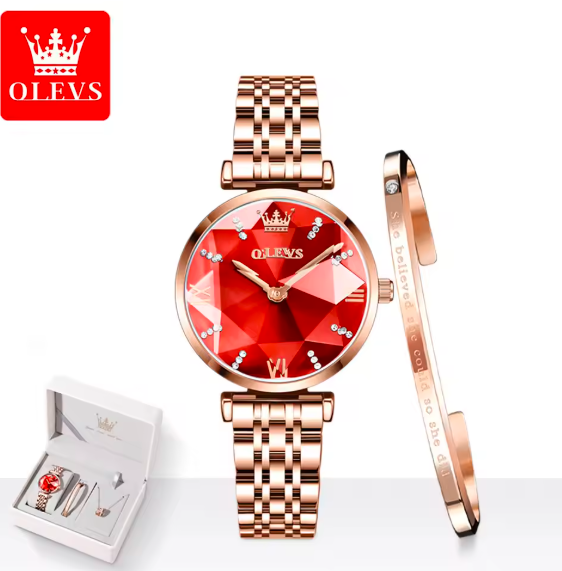 OLEVS 6642 Luxury Women’s Quartz Watch – Rose Gold Steel Strap, Waterproof, Rhombus Glass Design
