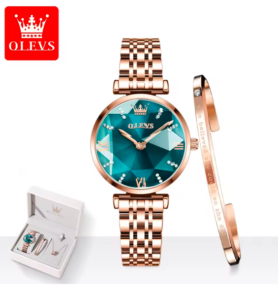 OLEVS 6642 Luxury Women’s Quartz Watch – Rose Gold Steel Strap, Waterproof, Rhombus Glass Design
