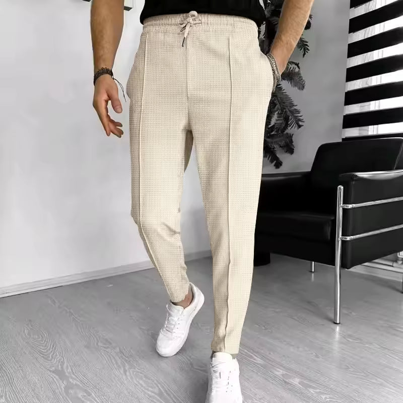 2025 New Men’s Casual Pants – Solid Color Waffle Fabric, Comfortable Daily Wear Trousers