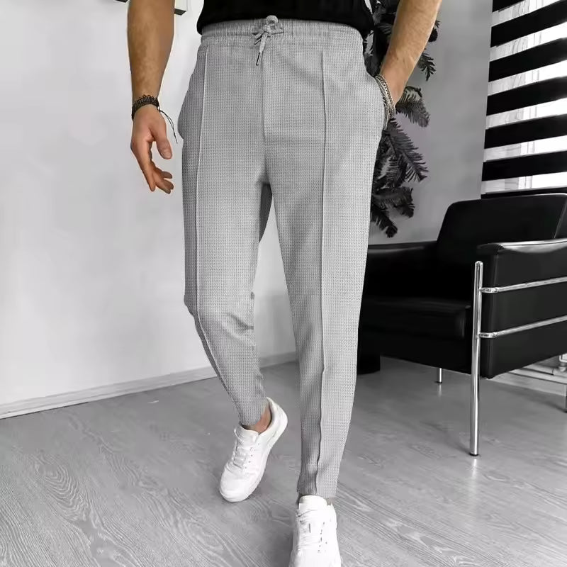 2025 New Men’s Casual Pants – Solid Color Waffle Fabric, Comfortable Daily Wear Trousers