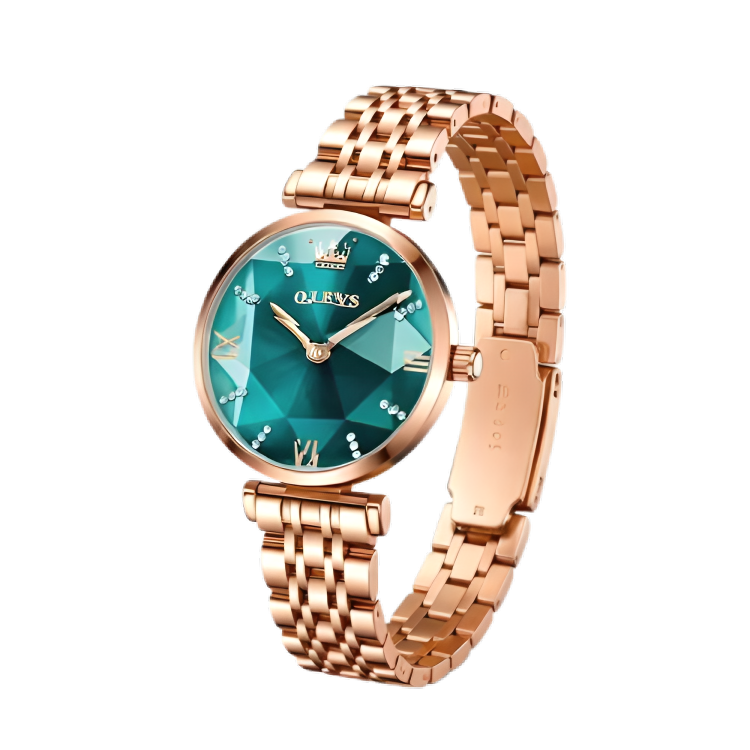 OLEVS 6642 Luxury Women’s Quartz Watch – Rose Gold Steel Strap, Waterproof, Rhombus Glass Design