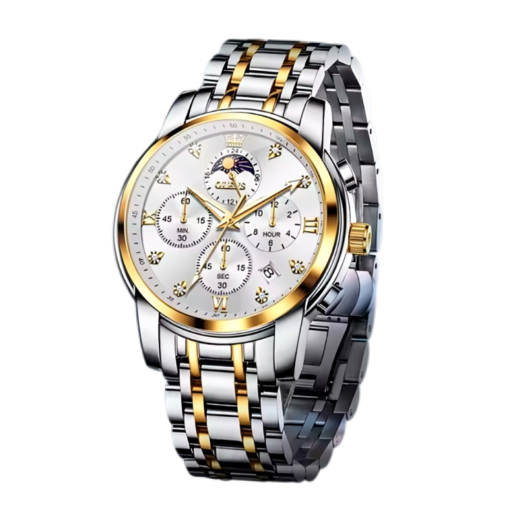 OLEVS 3655 Men's Luxury Moon Phase Watch - Stainless Steel Waterproof Quartz Chronograph with Butterfly Buckle Classic Three-Eye Dial