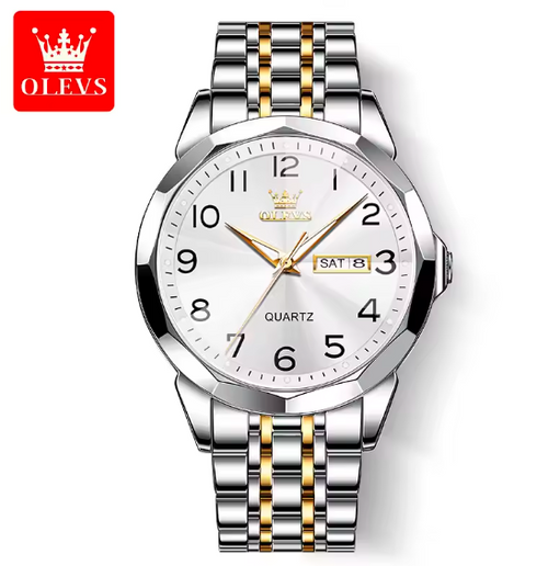 OLEVS Luxury Men's Quartz Watch – Waterproof Silver Stainless Steel, Date & Week Display, Classic Casual Design, Perfect Gift