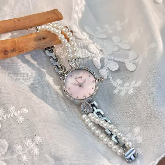 French Elegant Ladies Quartz Watch – Pearl Bracelet Design with Rhinestones, Stylish Alloy Case, Fashion Fairy Timepiece