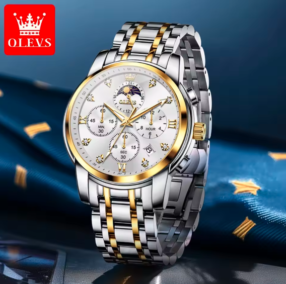 OLEVS 3655 Men's Luxury Moon Phase Watch - Stainless Steel Waterproof Quartz Chronograph with Butterfly Buckle Classic Three-Eye Dial