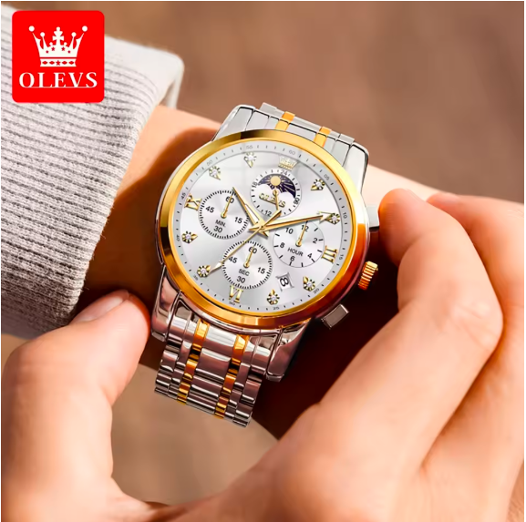 OLEVS 3655 Men's Luxury Moon Phase Watch - Stainless Steel Waterproof Quartz Chronograph with Butterfly Buckle Classic Three-Eye Dial