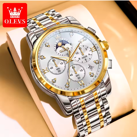 OLEVS 3655 Men's Luxury Moon Phase Watch - Stainless Steel Waterproof Quartz Chronograph with Butterfly Buckle Classic Three-Eye Dial