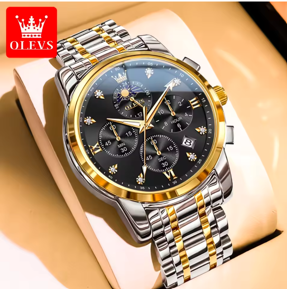 OLEVS 3655 Men's Luxury Moon Phase Watch - Stainless Steel Waterproof Quartz Chronograph with Butterfly Buckle Classic Three-Eye Dial