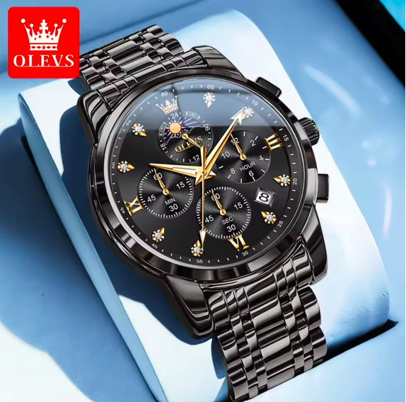 OLEVS 3655 Men's Luxury Moon Phase Watch - Stainless Steel Waterproof Quartz Chronograph with Butterfly Buckle Classic Three-Eye Dial