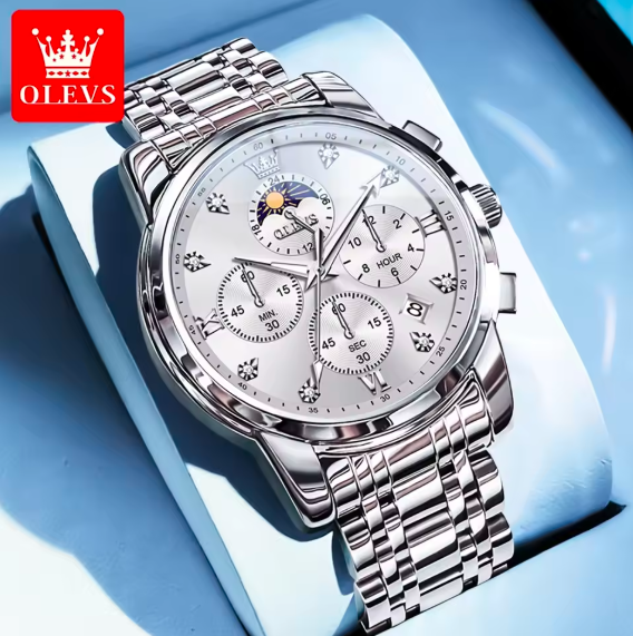 OLEVS 3655 Men's Luxury Moon Phase Watch - Stainless Steel Waterproof Quartz Chronograph with Butterfly Buckle Classic Three-Eye Dial