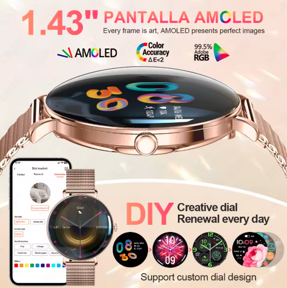 LIGE Ladies Smartwatch 1.43'' AMOLED Ultra HD Display | Bluetooth Calling Slim Fashion Smart Watch with Metal Bracelet for Women