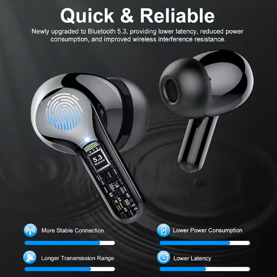 HiFi Stereo Wireless Earbuds – Bluetooth 5.3 Noise Cancelling Headphones with 48H Battery, LED Display, and IP7 Waterproof Design